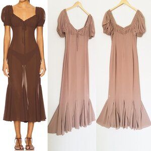 LPA Davina Midi Dress in Mocha Latte Size S Sheer Chiffon Milkmaid Mermaid $259
